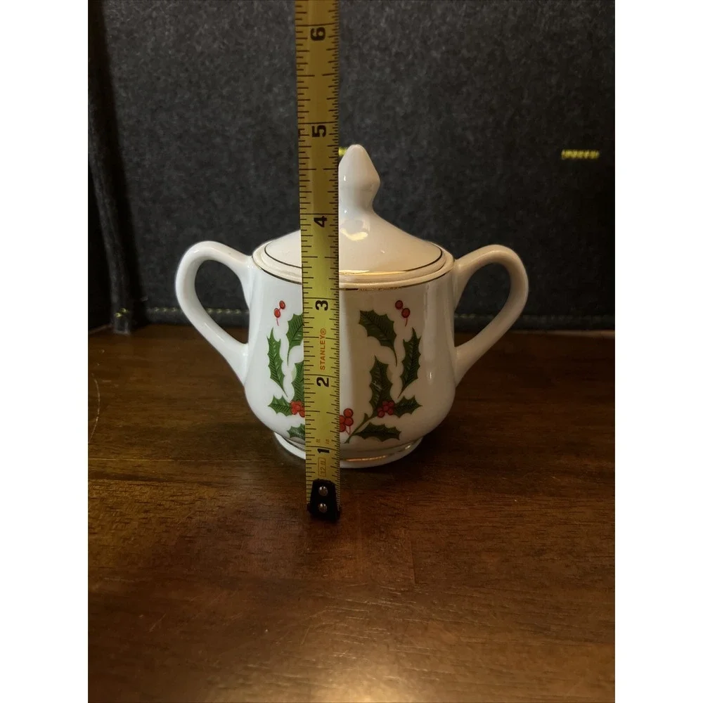 Vtg Holly on White‎ Creamer + Sugar Bowl Lid Christmas Holiday China Winter